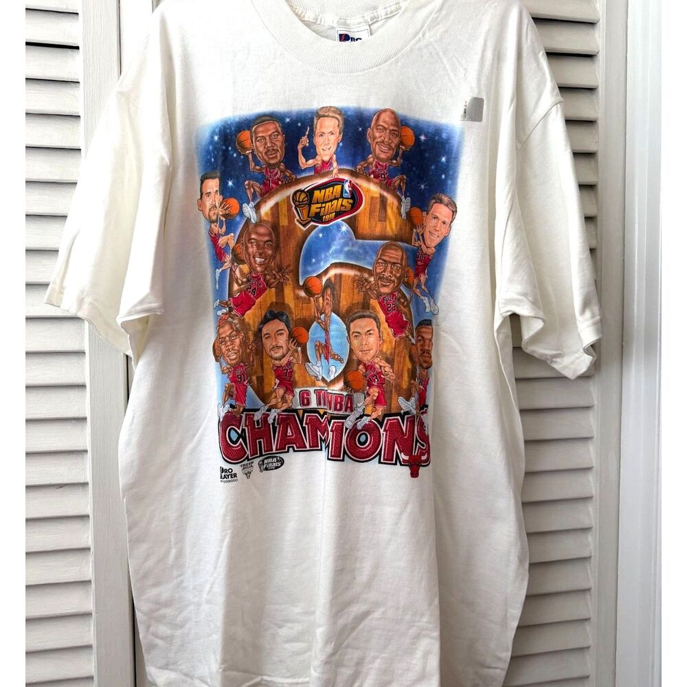 Deadstock Vtg 1998 Chicago Bulls 6x NBA Champions Caricature Shirt Pro Player XL
